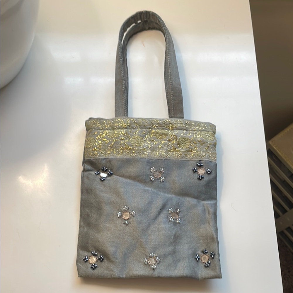 Elegant Gray and Gold Embellished Tote Bag